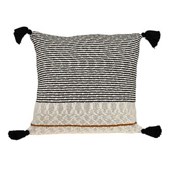 HomeRoots 20" x 20" Beige Stripe Pattern Square Accent Throw Pillow with Tassel