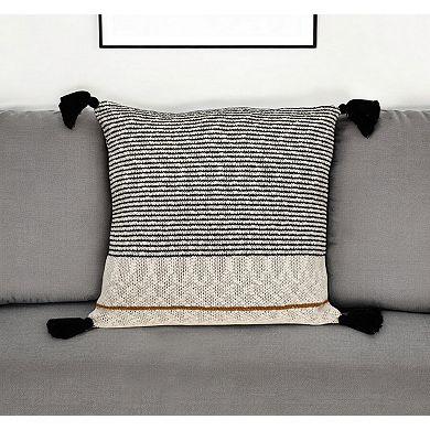 HomeRoots 20" x 20" Beige Stripe Pattern Square Accent Throw Pillow with Tassel