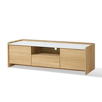 LuxenHome 62" Oak TV Stand for TVs up to 65", Faux Marble-Top Media Console