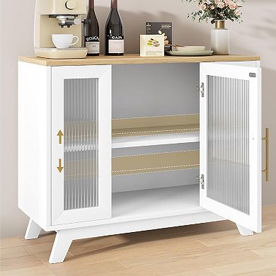 36" Contemporary Farmhouse Sideboard Buffet Cabinet with Glass Doors & Adjustable Shelves Kitchen