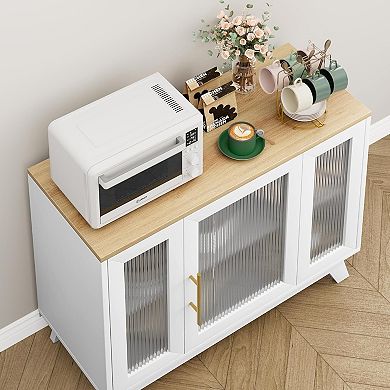 36" Contemporary Farmhouse Sideboard Buffet Cabinet with Glass Doors & Adjustable Shelves Kitchen