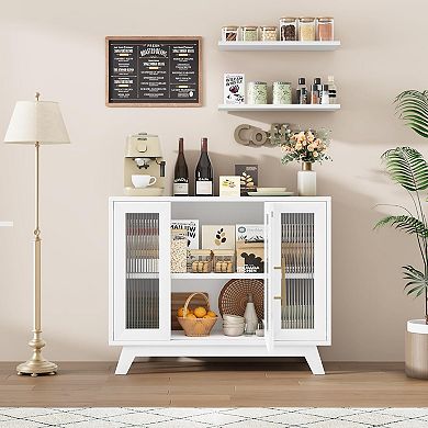 36" Contemporary Farmhouse Sideboard Buffet Cabinet with Glass Doors & Adjustable Shelves Kitchen