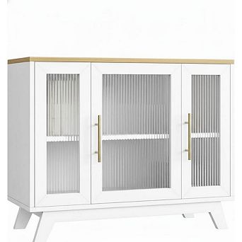 36" Contemporary Farmhouse Sideboard Buffet Cabinet with Glass Doors & Adjustable Shelves Kitchen