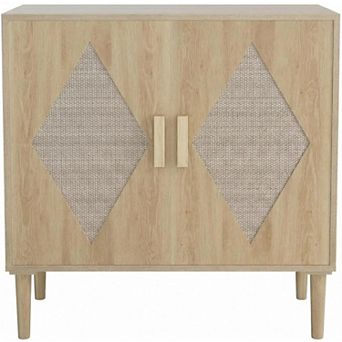 Wood Color Buffet Cabinet with Rattan Double Doors, Sideboard Storage for Dining Room