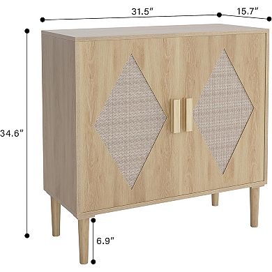 Wood Color Buffet Cabinet with Rattan Double Doors, Sideboard Storage for Dining Room