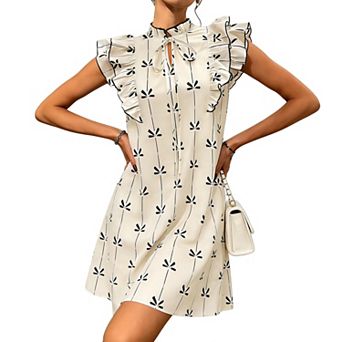 Women's Sleeveless Ruffle Mini Dress Tie-Neck Shift Dress with Stand Collar