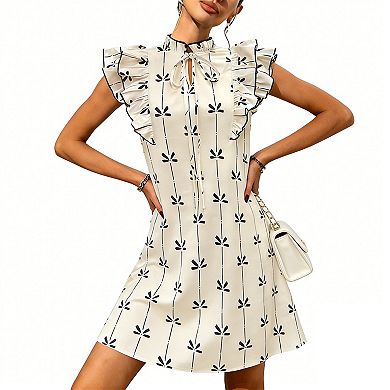 Women's Sleeveless Ruffle Mini Dress Tie-Neck Shift Dress with Stand Collar