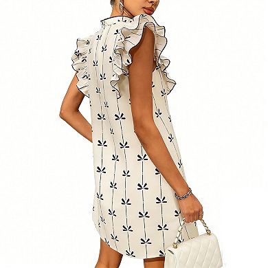 Women's Sleeveless Ruffle Mini Dress Tie-Neck Shift Dress with Stand Collar