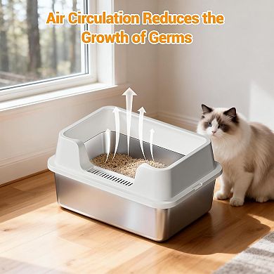 Extra-Large Stainless Steel Cat Litter Box Open Top, High Sides, with High Detachable Enclosure