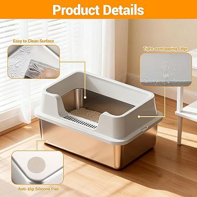 Extra-Large Stainless Steel Cat Litter Box Open Top, High Sides, with High Detachable Enclosure