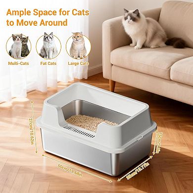 Extra-Large Stainless Steel Cat Litter Box Open Top, High Sides, with High Detachable Enclosure