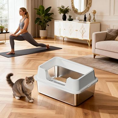 Extra-Large Stainless Steel Cat Litter Box Open Top, High Sides, with High Detachable Enclosure