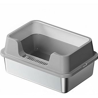 Extra-Large Stainless Steel Cat Litter Box Open Top, High Sides, with High Detachable Enclosure