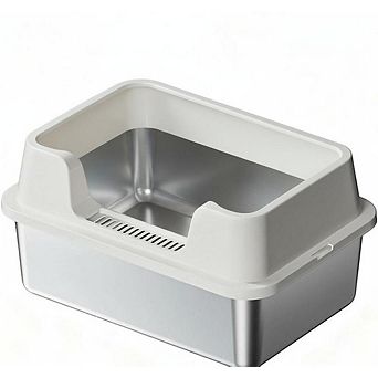 Extra-Large Stainless Steel Cat Litter Box Open Top, High Sides, with High Detachable Enclosure
