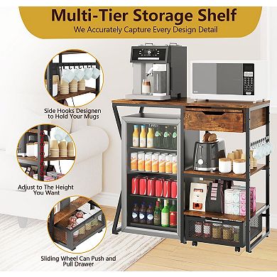 41.7in Mini Fridge Stand with Storage Shelf, with Power Outlet, Basket, Pull-out Work Platform