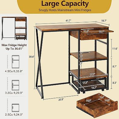 41.7in Mini Fridge Stand with Storage Shelf, with Power Outlet, Basket, Pull-out Work Platform