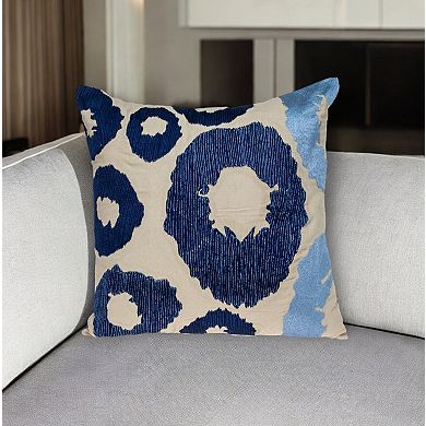 HomeRoots 22" Blue and Beige Abstract Cotton Throw Pillow With Embroidery