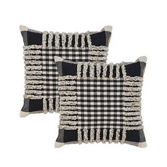 HomeRoots Set of Two Black and Ivory Plaid Cotton Throw Pillow With Fringe