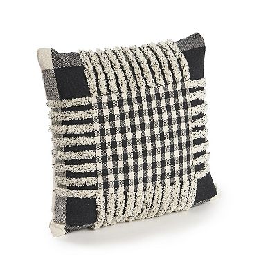 HomeRoots Set of Two Black and Ivory Plaid Cotton Throw Pillow With Fringe