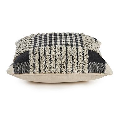 HomeRoots Set of Two Black and Ivory Plaid Cotton Throw Pillow With Fringe