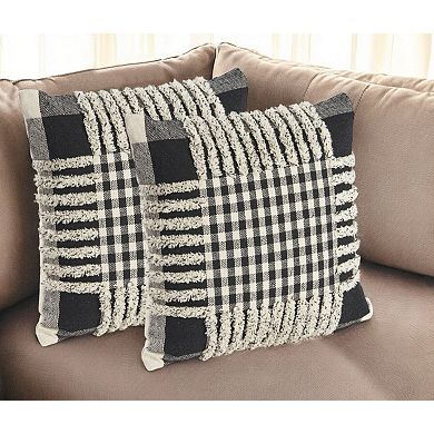 HomeRoots Set of Two Black and Ivory Plaid Cotton Throw Pillow With Fringe