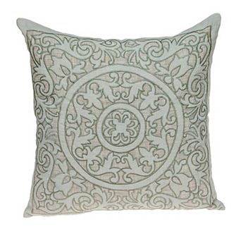 HomeRoots 22" Beige and Green Damask Linen Blend Throw Pillow with Embroidery and Applique