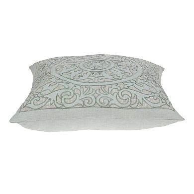 HomeRoots 22" Beige and Green Damask Linen Blend Throw Pillow with Embroidery and Applique