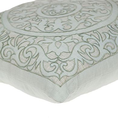 HomeRoots 22" Beige and Green Damask Linen Blend Throw Pillow with Embroidery and Applique