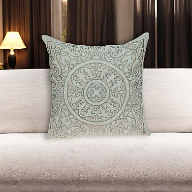 HomeRoots 22" Beige and Green Damask Linen Blend Throw Pillow with Embroidery and Applique