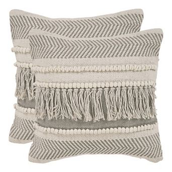 HomeRoots Set of Two Beige Striped Cotton Throw Pillow With Fringe