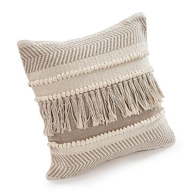HomeRoots Set of Two Beige Striped Cotton Throw Pillow With Fringe