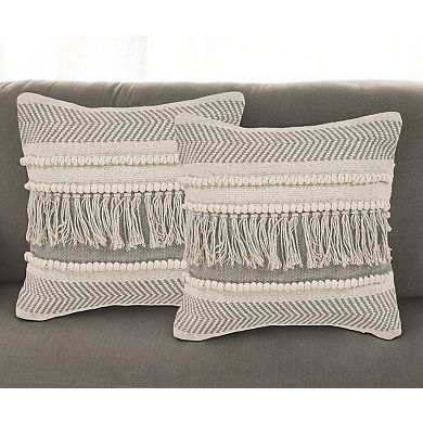 HomeRoots Set of Two Beige Striped Cotton Throw Pillow With Fringe