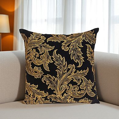 HomeRoots 22" Black and Orange Floral Cotton Throw Pillow With Embroidery