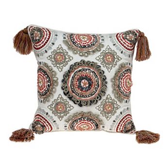 HomeRoots 18" Red and White Floral Cotton Throw Pillow With Embroidery, Tassels