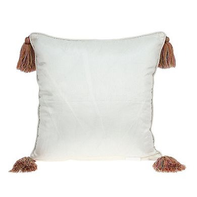 HomeRoots 18" Red and White Floral Cotton Throw Pillow With Embroidery, Tassels