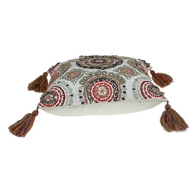 HomeRoots 18" Red and White Floral Cotton Throw Pillow With Embroidery, Tassels
