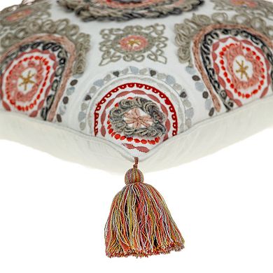 HomeRoots 18" Red and White Floral Cotton Throw Pillow With Embroidery, Tassels