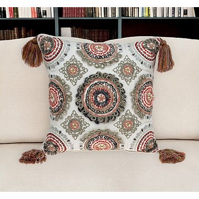 HomeRoots 18" Red and White Floral Cotton Throw Pillow With Embroidery, Tassels