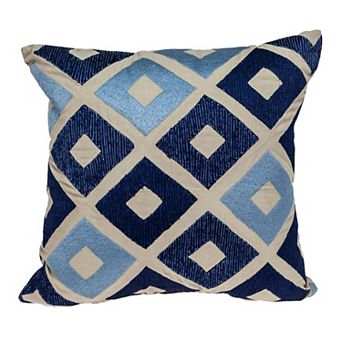 HomeRoots 18" Beige and Blue Diamond Cotton Throw Pillow With Embroidery