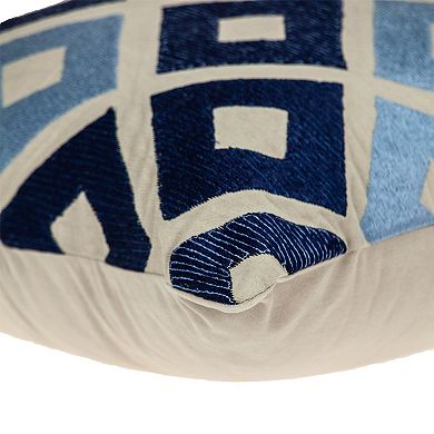 HomeRoots 18" Beige and Blue Diamond Cotton Throw Pillow With Embroidery