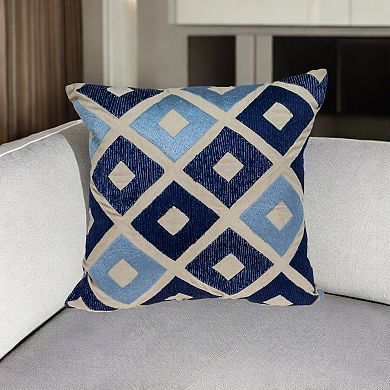 HomeRoots 18" Beige and Blue Diamond Cotton Throw Pillow With Embroidery