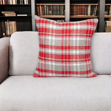 HomeRoots 16" Red and White Plaid Cotton Throw Pillow