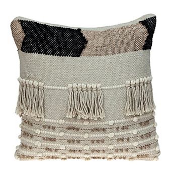 HomeRoots 18" Beige and Gold Striped Cotton Blend Throw Pillow With Fringe