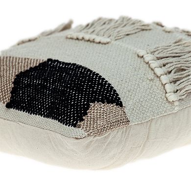 HomeRoots 18" Beige and Gold Striped Cotton Blend Throw Pillow With Fringe