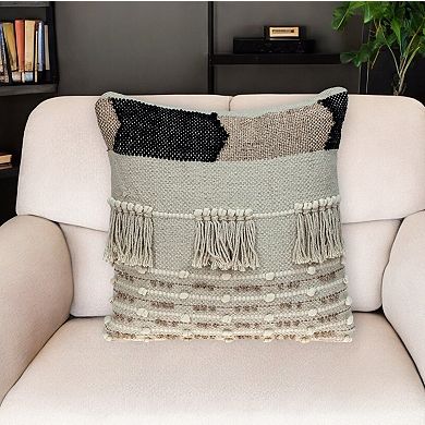 HomeRoots 18" Beige and Gold Striped Cotton Blend Throw Pillow With Fringe