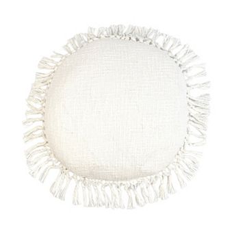 HomeRoots 18" X 18" White Round Cotton Throw Pillow with Fringe