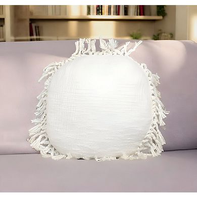 HomeRoots 18" X 18" White Round Cotton Throw Pillow with Fringe