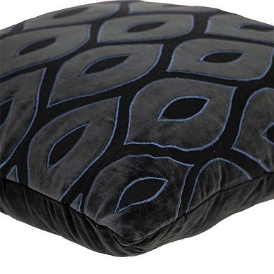 HomeRoots 22" Black and Blue Ogee Cotton Throw Pillow with Embroidery and Applique