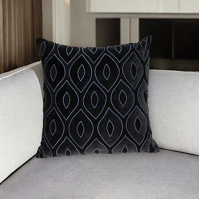 HomeRoots 22" Black and Blue Ogee Cotton Throw Pillow with Embroidery and Applique