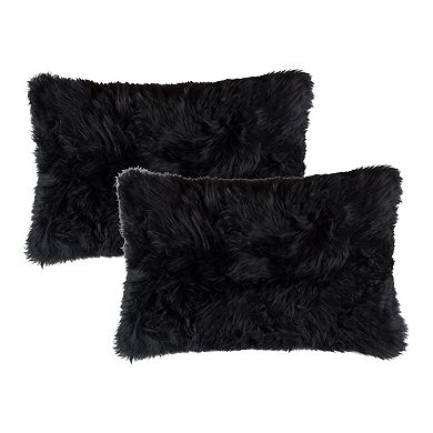 HomeRoots Set of Two 12" X 20" Black Sheepskin Lumbar Throw Pillows